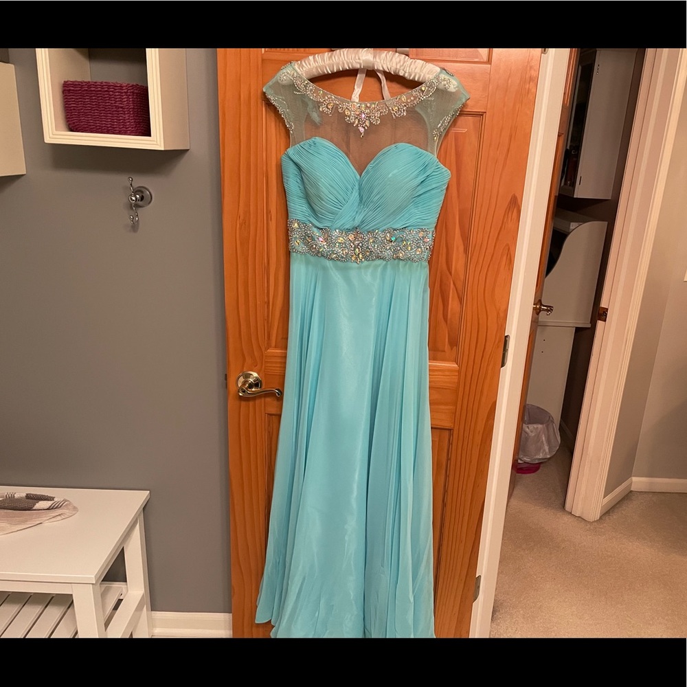 Turquoise sequin prom dress